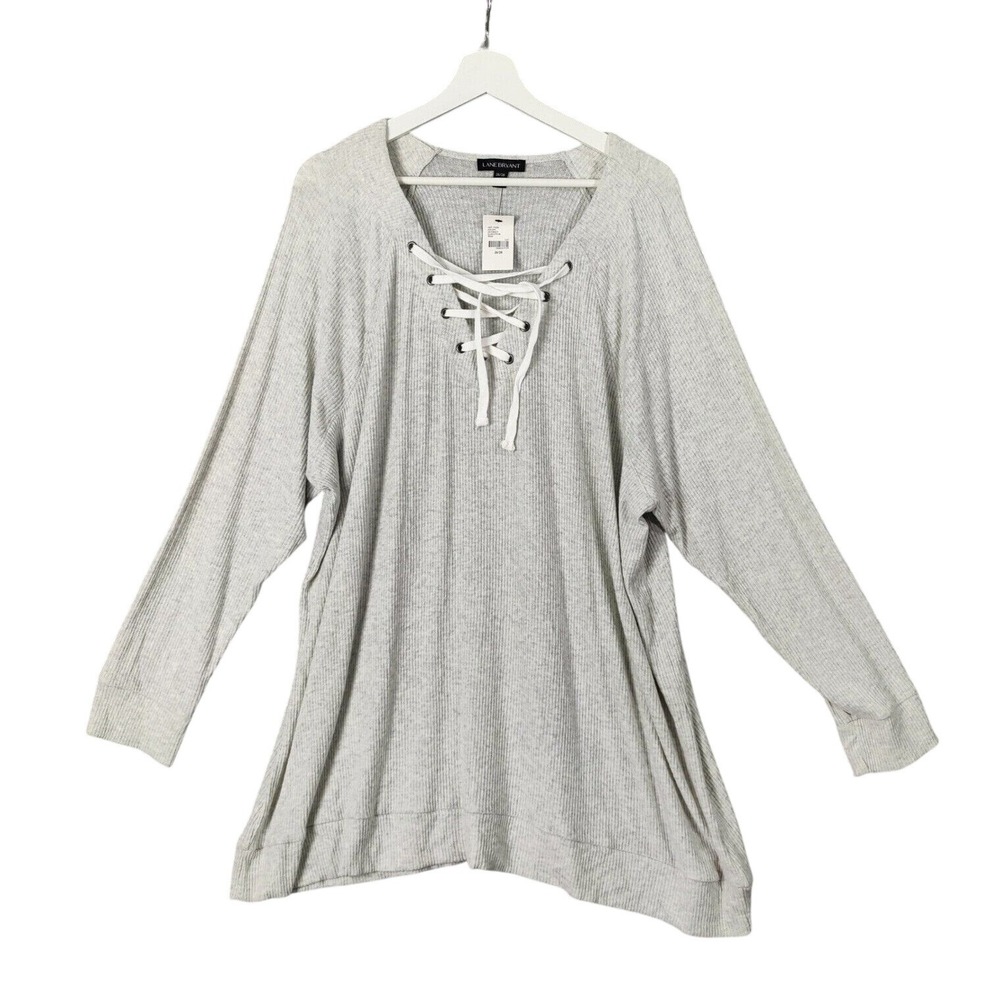 Lane Bryant Womens Nautical Coastal Cozy Lace Up Tunic Top 26/28 Gray Ribbed NEW